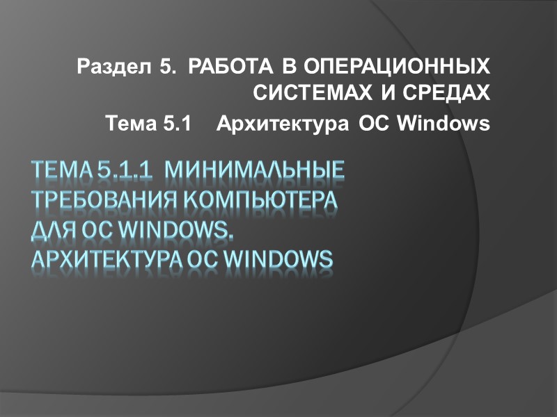 Тема 5.1.1  Минимальные требования компьютера  для ОС Windows.  Архитектура ОС Windows